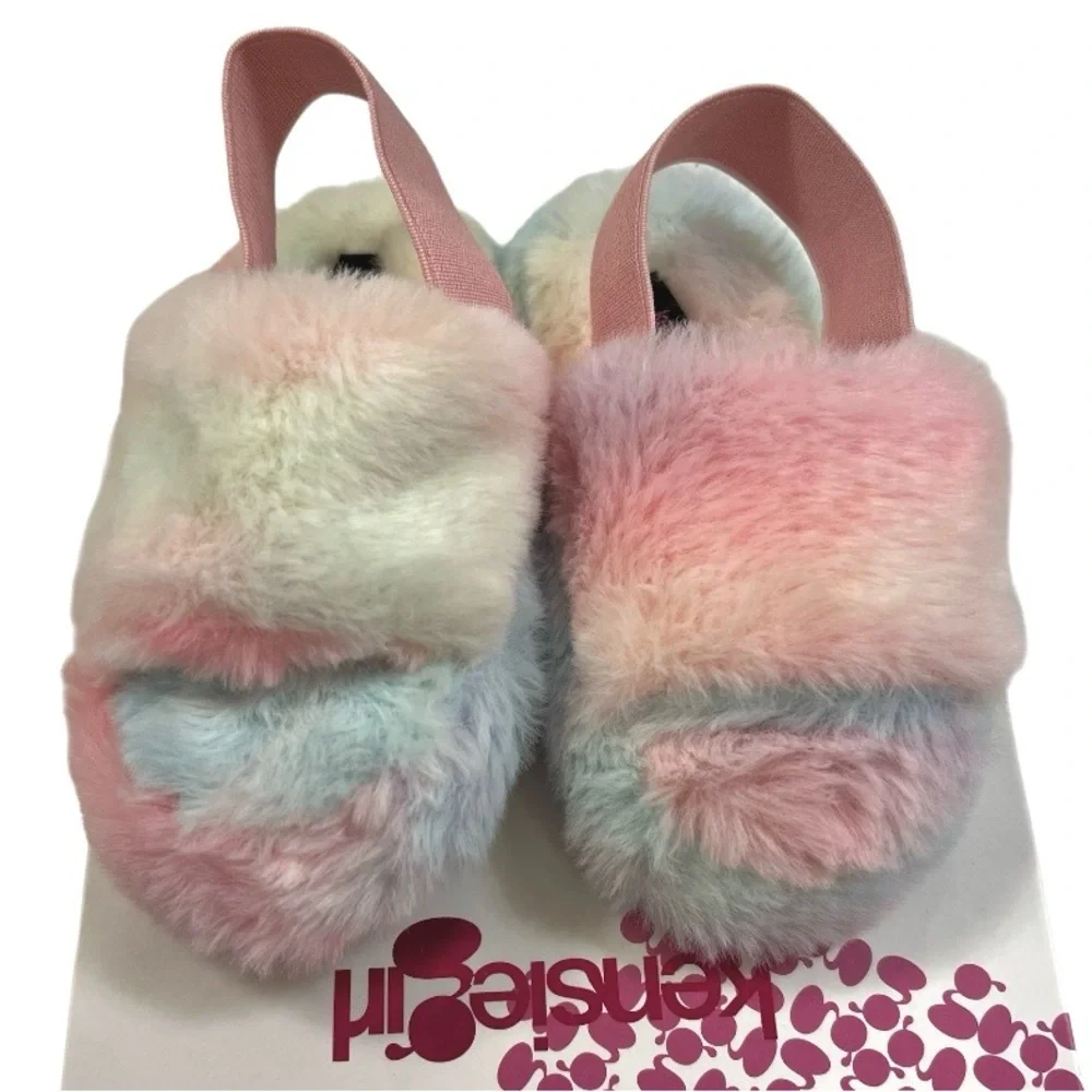 Kensie Girl rainbow fuzzy open toe elastic back toddler girl slippers